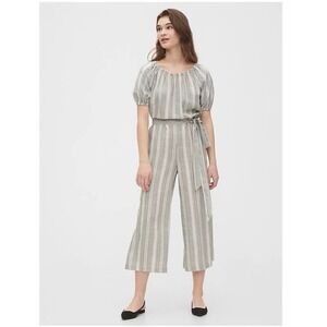 GAP Puff Sleeve Jumpsuit 14 Petite Lightweight Grey Stripe Flowy Wide Leg Pocket